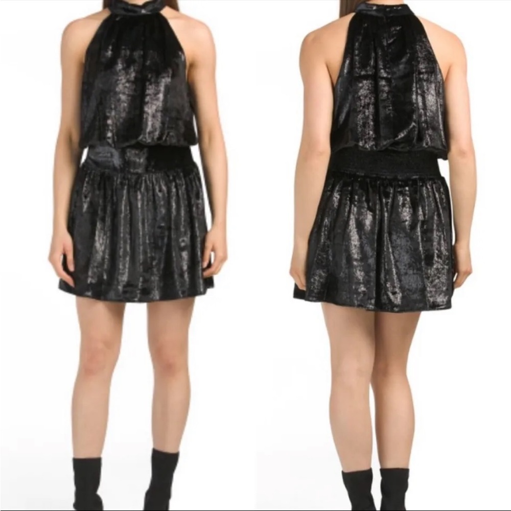 NWT Ramy Brook Ellin Velvet Shiny Black High Neck Dress in size S